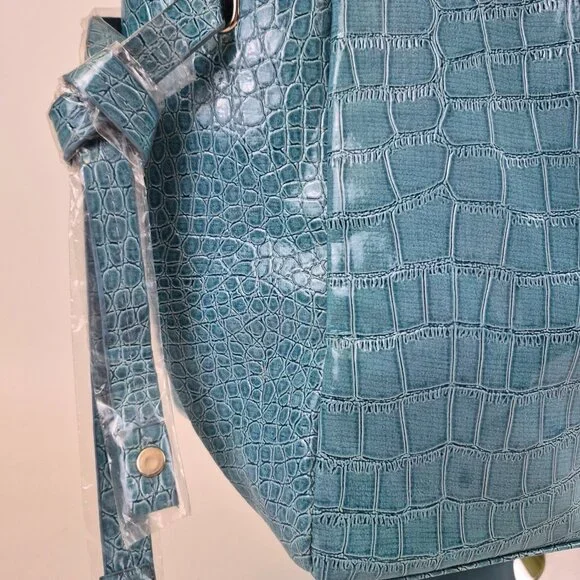 Coach Croc Embossed Leather Tote Teal Blue Shoulder Bag New Style 5659